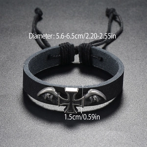 Close-up of black braided leather cross bracelet with dimension specs in inches and cm