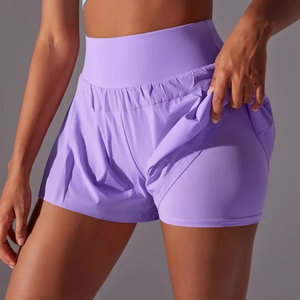 Lila hoch taillierte Doppel-Lagen-Sportshorts mit atmungsaktivem Mesh-Innenfutter