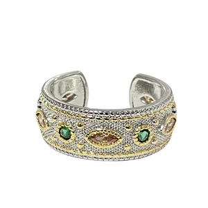 Vintage palace style brushed open ring with green gemstone and golden bead trim