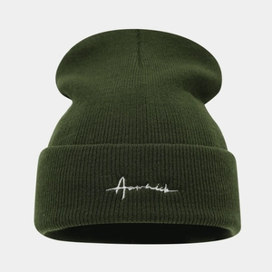 Winter dark green knit beanie hat with white cursive letter embroidery for men and women