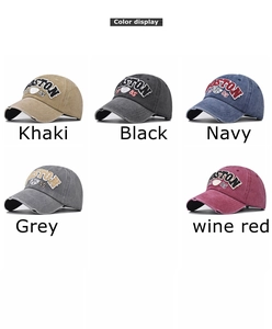 Detailed grid view of washed cotton Boston 85 baseball caps in five vintage colors