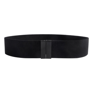 Detail view of a 5cm wide elastic black waist belt featuring dual metal buckle closure