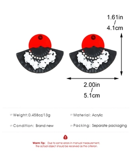 Detailed size chart for red and black acrylic fan earrings with white floral patterns