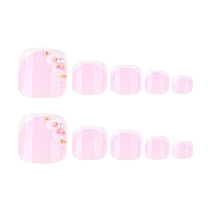 Pink French style press-on toenails with white tips and pearl decorative gold beads