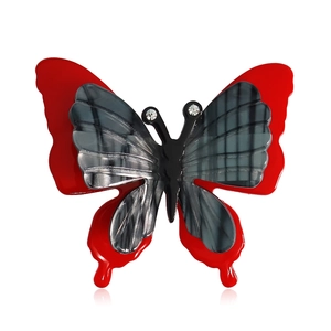 Fashionable red and dark grey acrylic butterfly brooch with sparkling rhinestones decoration