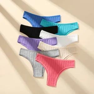 Women Low Waist Ribbed Cotton Thongs Breathable Brazilian Panties Butt Lifting Solid Color Lingerie Underwear