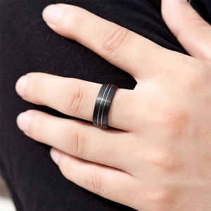 Men's minimalist black tungsten ring with parallel silver stripes and brushed finish
