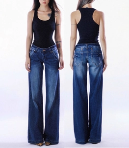 Detailed front and back view of vintage washed low-waist wide-leg denim trousers for women