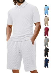 Detailed grid showing seven colors of textured men's summer polo and drawstring shorts sets