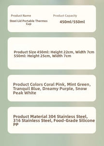 Detail view of 316 stainless steel smart thermos bottle with size and color specifications