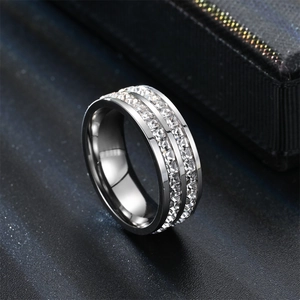 Polished stainless steel band with double row square cubic zirconia stones for couples