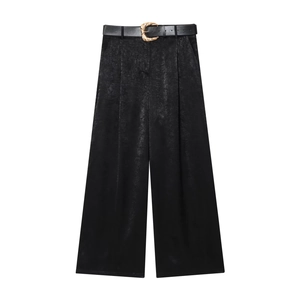 Elegant black wide-leg satin trousers with a matching belt and gold metallic buckle
