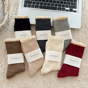 Women Slouch Socks Cotton Spandex Ribbed Knit Lace Trim Sweet Vintage Style Breathable Mid Calf Socks