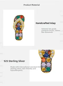 Macro view of S925 sterling silver flip-flop earring with colorful zircon hand-setting
