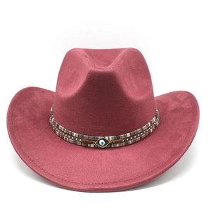 Detail of burgundy felt cowboy hat with woven band and blue Evil Eye charm
