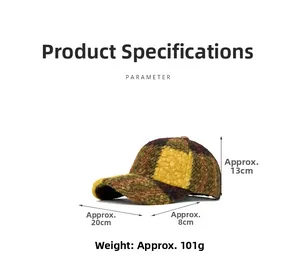 Detailed dimensions of yellow plaid baseball cap with 13cm height and 8cm brim length