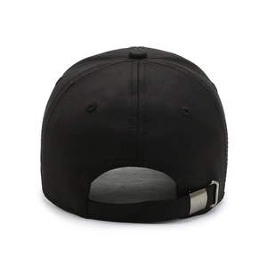 Rear view of a black casual baseball cap for men with adjustable metal buckle strap