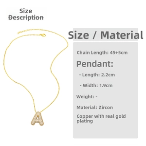 Detail showing gold bubble letter A pendant with zircons and 45+5cm chain size info