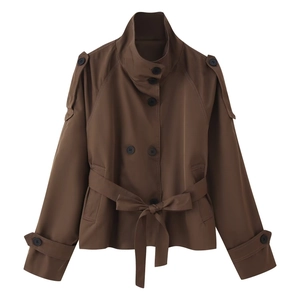 Short dark brown double-breasted trench coat with waist belt and stand collar