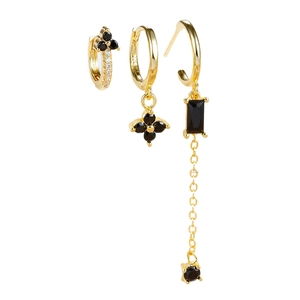 Three-piece gold S925 silver earring set with black zircon and geometric accents