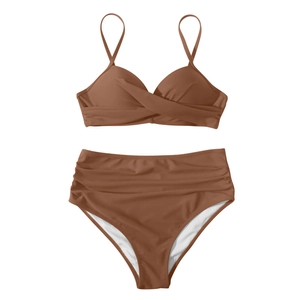 Two-piece high waisted bikini set in cinnamon brown featuring ruched crossover top