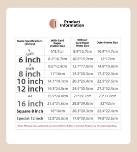 Size chart table for shadow box frame detailing dimensions for various photo sizes