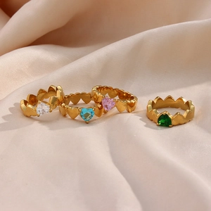 18K gold plated stainless steel heart rings with colorful zircon stones in four colors