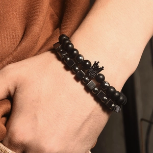Bracciali Di Perline Da Uomo Ciondolo Corona Leone Pietra Naturale Ossidiana Occhio Di Tigre Ematite Gioielli
