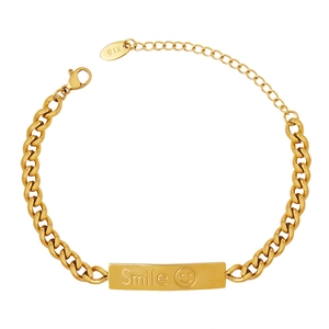 Golden Cuban link bracelet with engraved smile rectangular pendant and adjustable chain