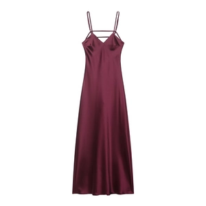 Elegant deep burgundy satin slip dress with V-neck and thin straps on white background