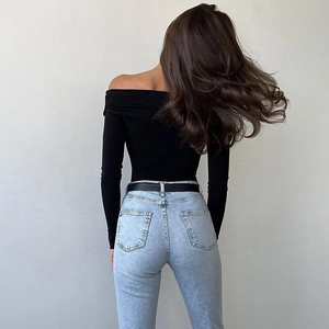 Sexy black V-neck off-shoulder long sleeve bodysuit shown from a dynamic back view