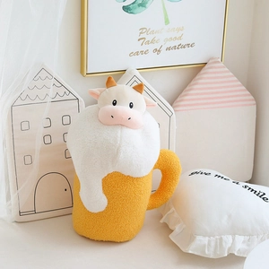 Creative beer mug cow plush toy with yellow fleece and white fluffy foam detail