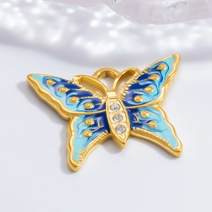 18K gold plated butterfly pendant with blue-cyan enamel inlay and three white zircon accents