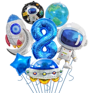 Detailed astronaut balloon set with rocket, UFO, and Earth foil balloons for space theme party