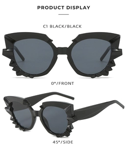 Detailed front and side views of black irregular geometric cat eye sunglasses with serrated edges