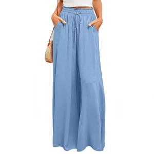 Pantalon large femme bleu clair en coton et lin avec taille haute élastique et cordon
