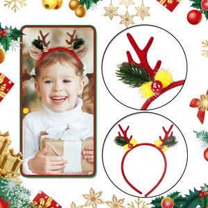Christmas reindeer headband with red antlers, green pine and mushroom decorations