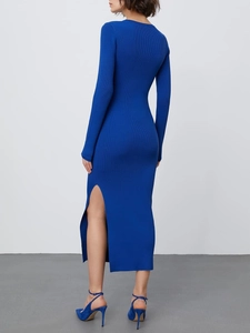 Elegant royal blue rib-knit long sleeve midi dress with side slit and slim fit silhouette