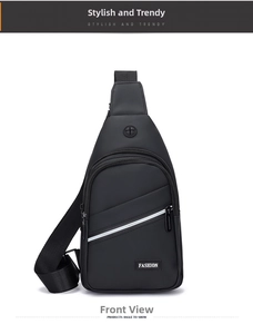 Close-up of waterproof Oxford fabric chest bag with multiple zipper compartments and logo
