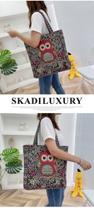 Detail of bohemian canvas tote bag showing large owl pattern and woven texture
