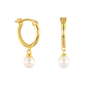 Detail of elegant gold hoop earrings featuring polished white pearls on white background