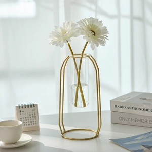 Nordic gold metal frame test tube vase with glass container and white daisies