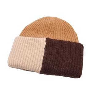 Berretto tricolore da donna in maglia spessa con blocchi color cammello, beige e marrone