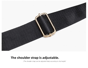 Detail of adjustable black nylon shoulder strap with premium gold metal slider buckle