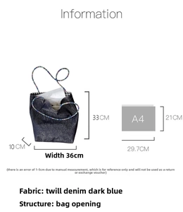 Size guide for large denim tote bag showing dimensions 36x33x10cm compared to A4 paper