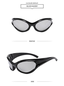 Detail view of Y2K futuristic cat-eye sunglasses with black frame and silver mirrored lenses