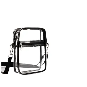 Minimalist clear PVC crossbody bag with black trim and adjustable strap on white background