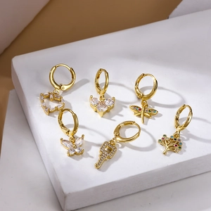 Asymmetric Ear Cartilage Piercing Studs Copper Cubic Zirconia Butterfly Heart Key Pendant Gold Plated Jewelry For Women