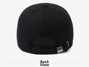 Rear view of men's winter baseball cap showing adjustable strap and metal buckle detail