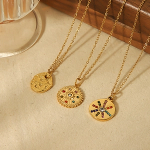 Luxury 18k gold plated stainless steel necklaces with embossed pendants and colorful zircons